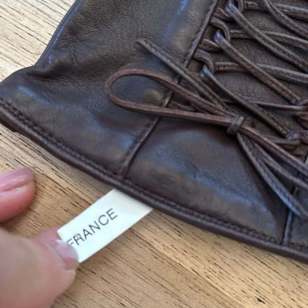 Agnelle made in France genuine leather  brown lace up gloves